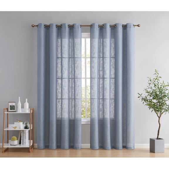 THD Serena Faux Linen Textured Semi Sheer Privacy Light Filtering Transparent Window Grommet Thick Curtains Drapery Panels for Bedroom & Living Room, 2 Panels