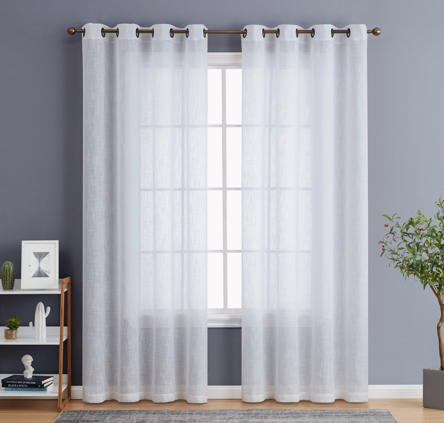 White Faux Linen Semi Sheer Grommet Curtain Panels, 54 x 54 Inch Pair