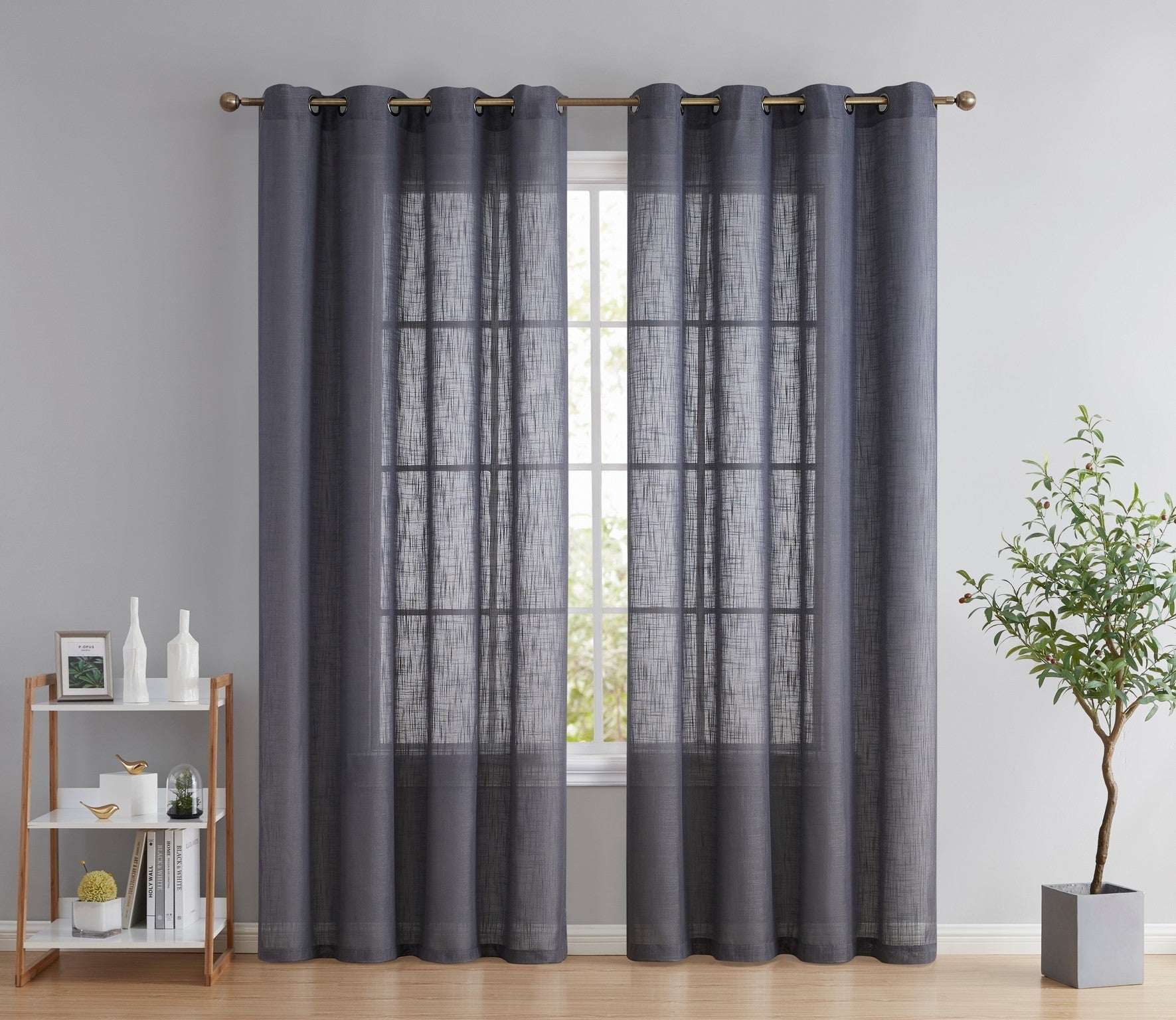 Charcoal Grey Extended Faux Linen Sheer Grommet Drapes, 2 Panels