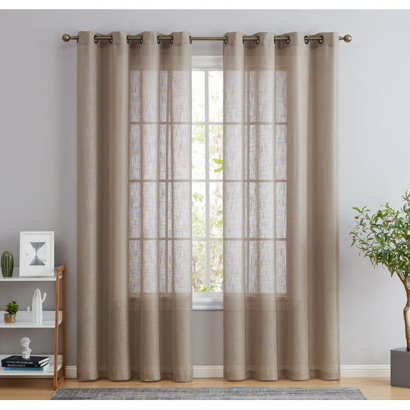 THD Serena Faux Linen Textured Semi Sheer Transparent Window Grommet Long Thick Curtain Panels, Pair
