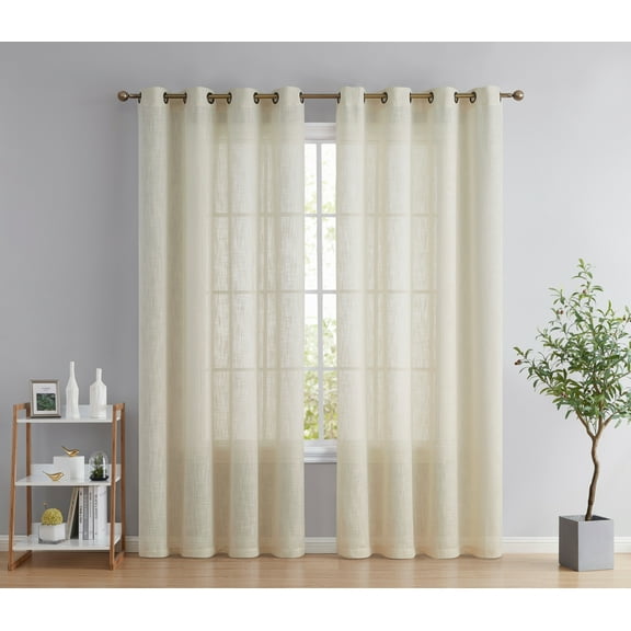 THD Serena Faux Linen Textured Semi Sheer Privacy Light Filtering Transparent Window Grommet Thick Curtains Drapery Panels for Bedroom & Living Room, 2 Panels