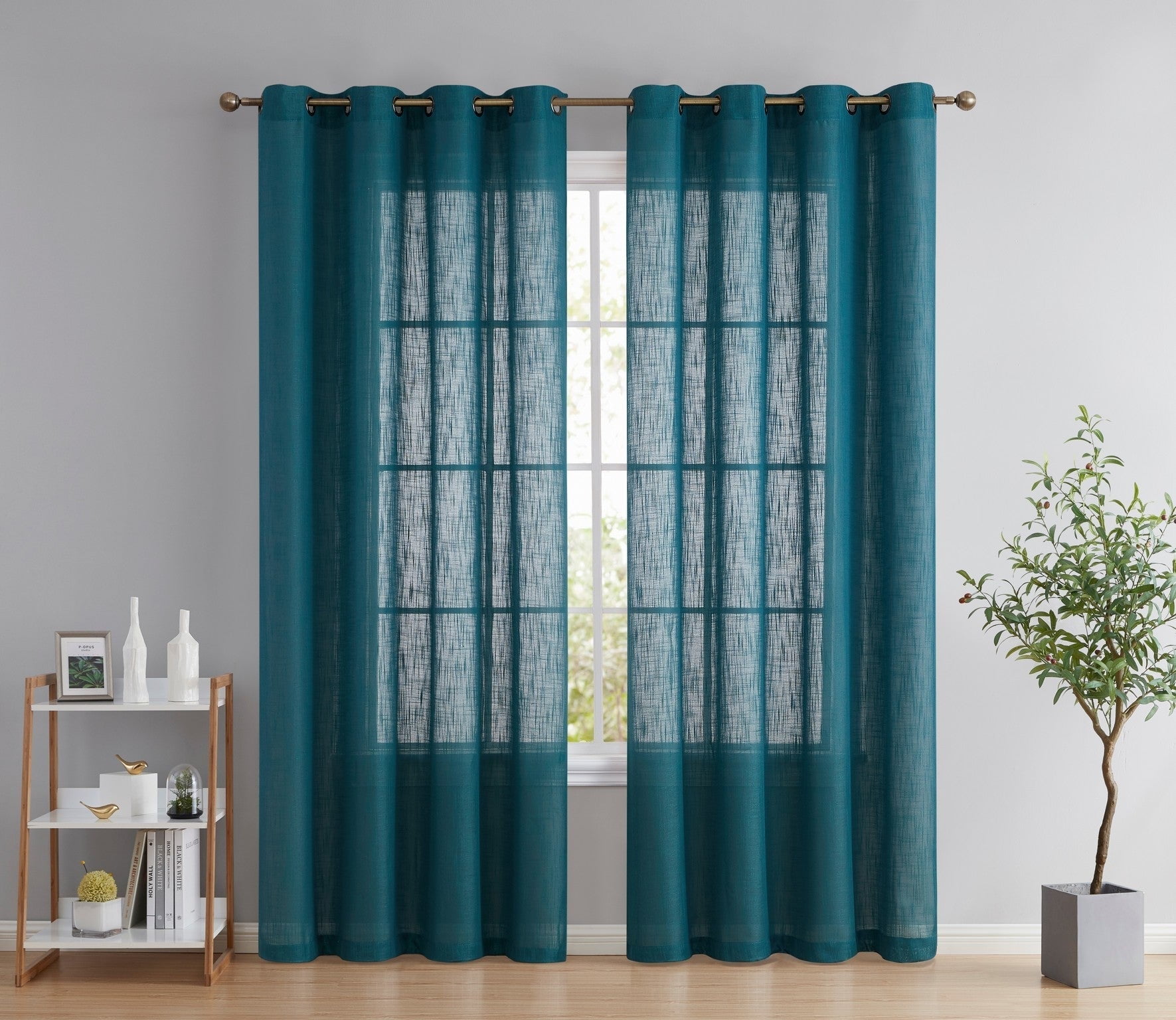 Grey Teal Faux Linen Semi-Sheer Grommet Curtain Panels, 84" Length