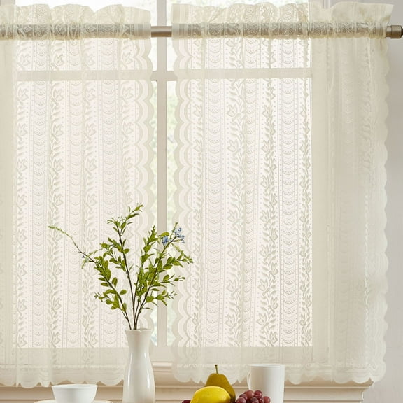 THD Sofia Floral Rod Pocket Lace Semi Sheer Voile Short Cafe Tiers for Small Windows - 28 x 24 Inch Length (Ivory Tiers, Set of 2)