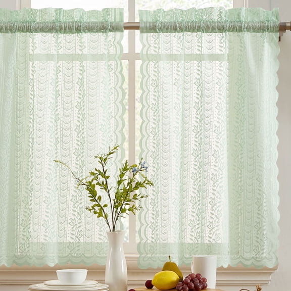 THD Sofia Floral Rod Pocket Lace Semi Sheer Voile Short Cafe Tiers for Small Windows - 28 x 36 Inch Length (Seafoam Green Tiers, Set of 2)