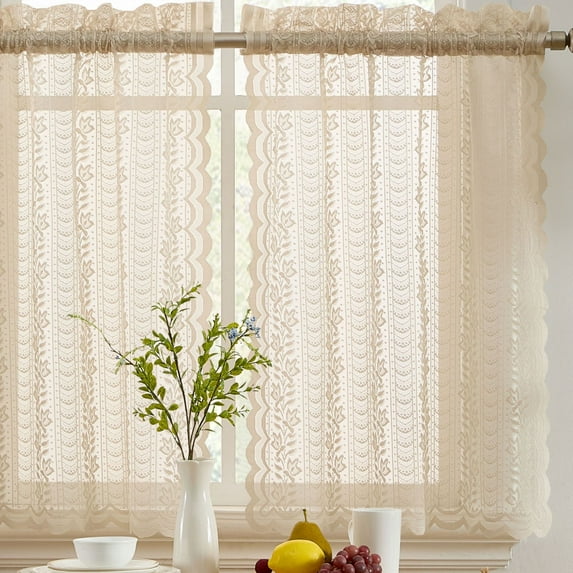 THD Sofia Floral Rod Pocket Lace Semi Sheer Voile Short Cafe Tiers for Small Windows - 28 x 36 Inch Length (Taupe Tiers, Set of 2)