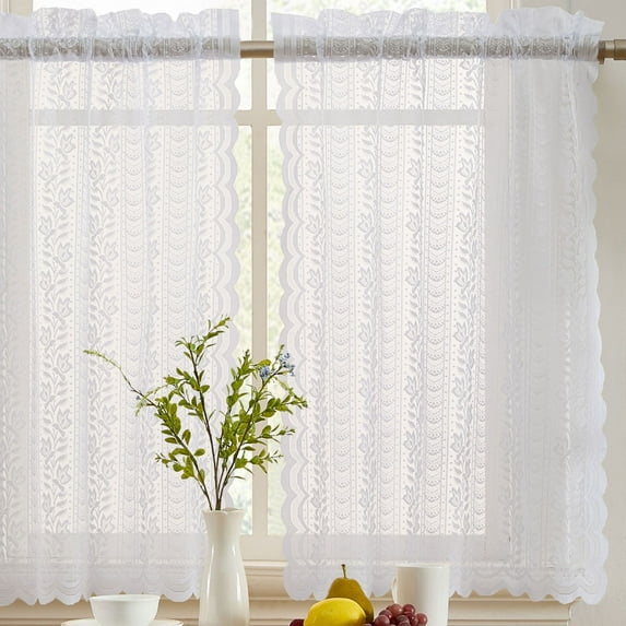 THD Sofia Floral Rod Pocket Lace Semi Sheer Voile Short Cafe Tiers for Small Windows - 28 x 36 Inch Length (White Tiers, Set of 2)