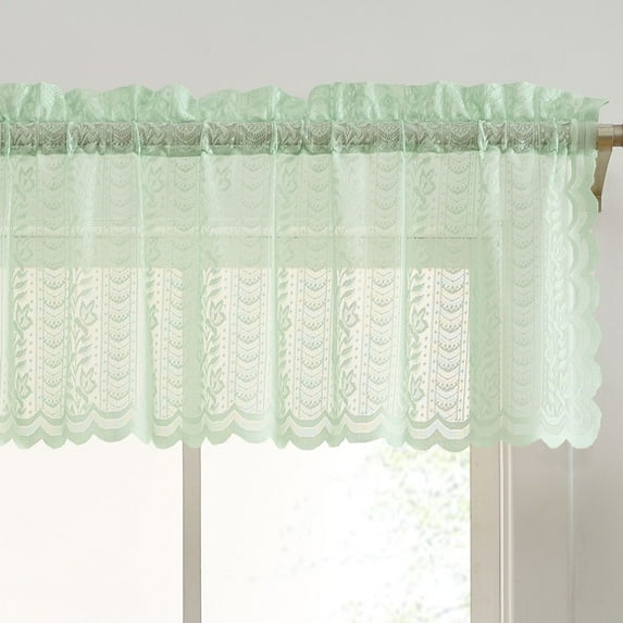 THD Sofia Floral Rod Pocket Lace Semi Sheer Voile Short Valance for Small Windows, Kitchen & Bathroom - 54 x 18 Inch Long (Seafoam Green Valance)
