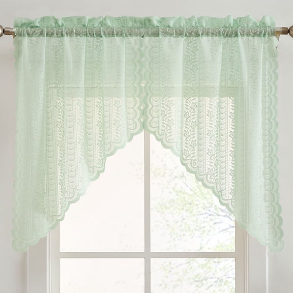 THD Sofia Floral Rod Pocket Lace Short Cafe Swags for Small Windows - 28 x 36 Inch Length (Seafoam Green Swags, Set of 2)