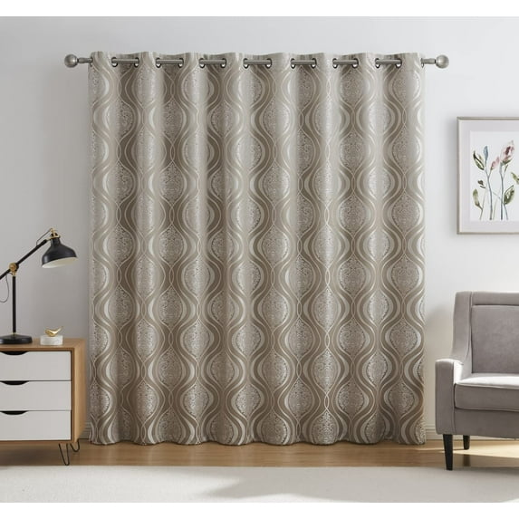 THD Sophia Taupe Damask Grommet Blackout Sliding Glass Door Curtain, 100 x 84 in