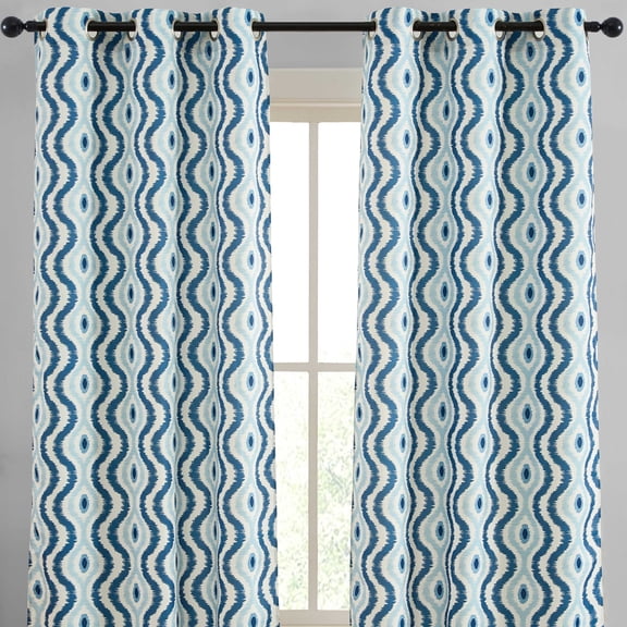 THD Tanny Ogee Ikatt Damask Patterned Window Grommet Curtains Bedroom - Light Blocking Darkening Window Panels, Set of 2 (Blue, 37 W x 84 L)