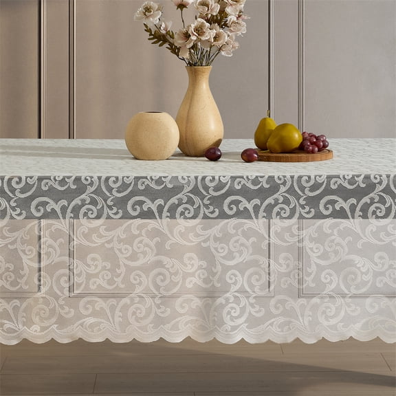 THD Vines Lace Fabric Tablecloth, Lace Fabric Table Cloth for Rectangle Tables, Wrinkle Resistant Tablecloth, Patterned Scalloped Tablecloth (60 W x 104 L, Linen Taupe)