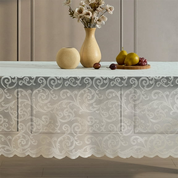 THD Vines Lace Fabric Tablecloth, Lace Fabric Table Cloth for Rectangle Tables, Wrinkle Resistant Tablecloth, Patterned Scalloped Tablecloth (60 W x 120 L, Ivory)