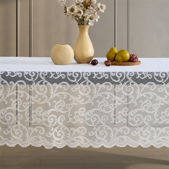 THD Vines Lace Fabric Tablecloth, Lace Fabric Table Cloth for Rectangle Tables, Wrinkle Resistant Tablecloth, Patterned Scalloped Tablecloth (60 W x 120 L, White)
