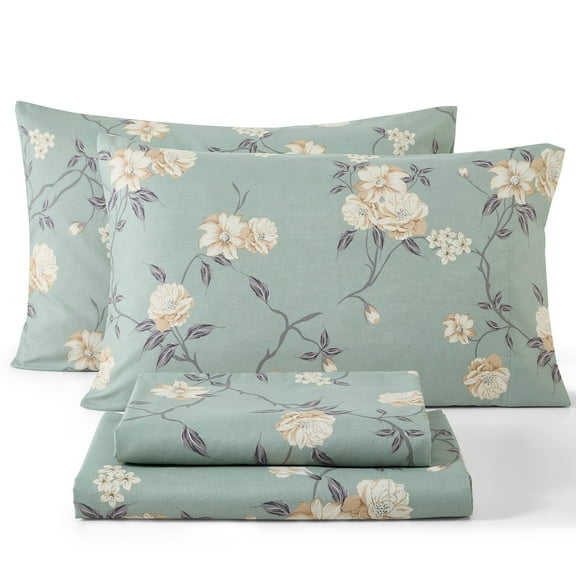 THD Vintage Green Floral Bed Sheets - 4 Piece Bed Sheet Set - Wrinkle Resistant & Ultra Soft - Fits Mattresses up to 15 Inches Deep
