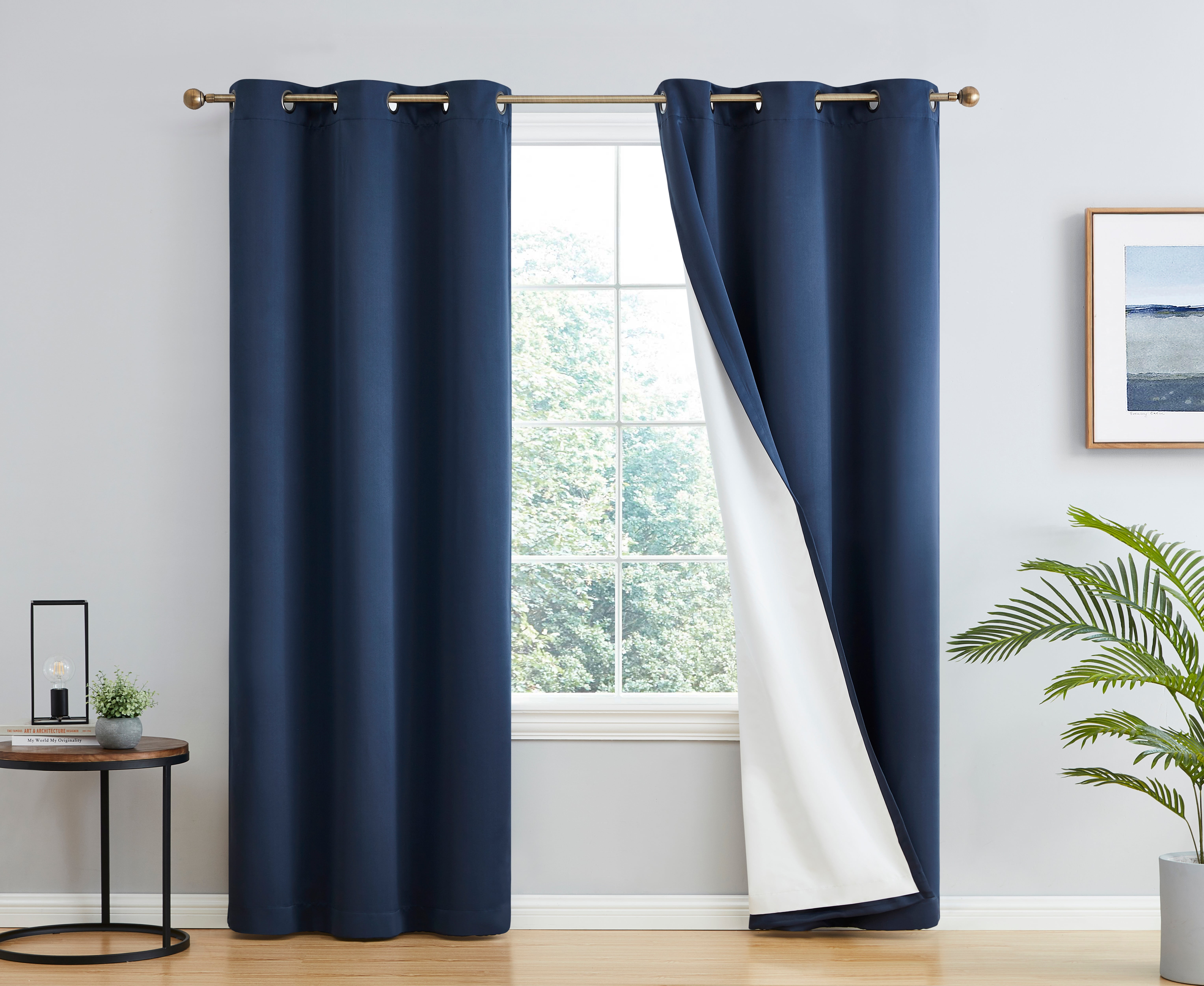 THD Virginia 100% Blackout Grommet Total Privacy Curtain Panels - Window Curtains for Living Room Bedroom - Set of 2 (Navy Blue, 42 W x 84 L)