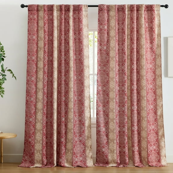 THD Willy Boho Damask Striped Patterned Window Back Tab Rod Pocket Curtains Bedroom - Light Blocking Darkening Window Panels, Set of 2