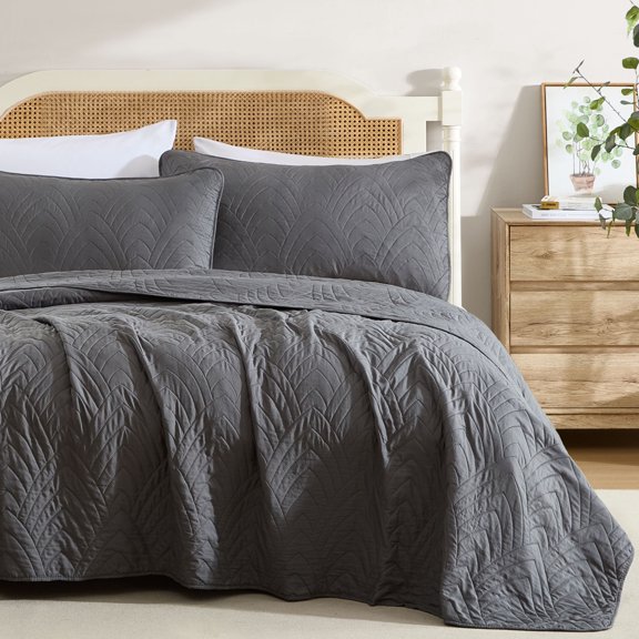 THD Winston - 3 Piece Full Queen Size Quilt Set, Lightweight Queen Bedspread Coverlet Set (Full/Queen, Charcoal Grey)