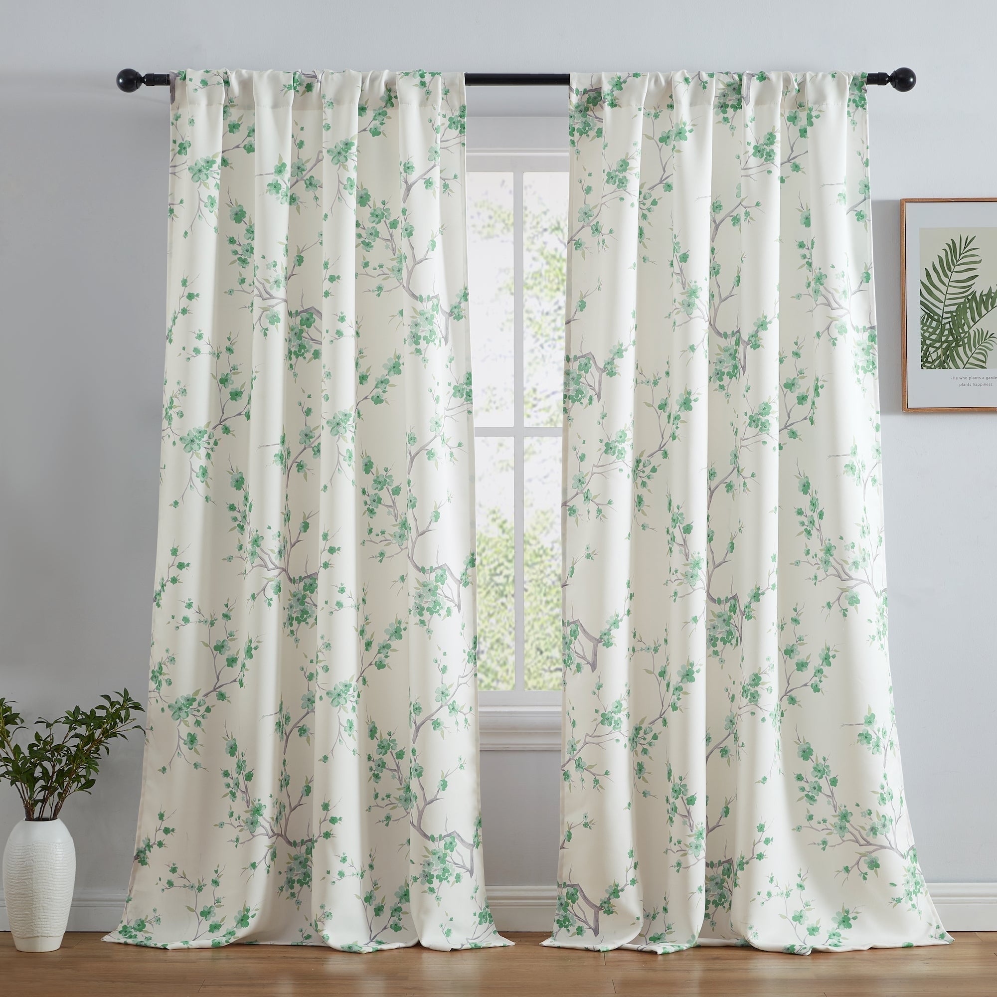 Seafoam Green Floral Blackout Faux Silk Curtain Panels, 52 x 84 in