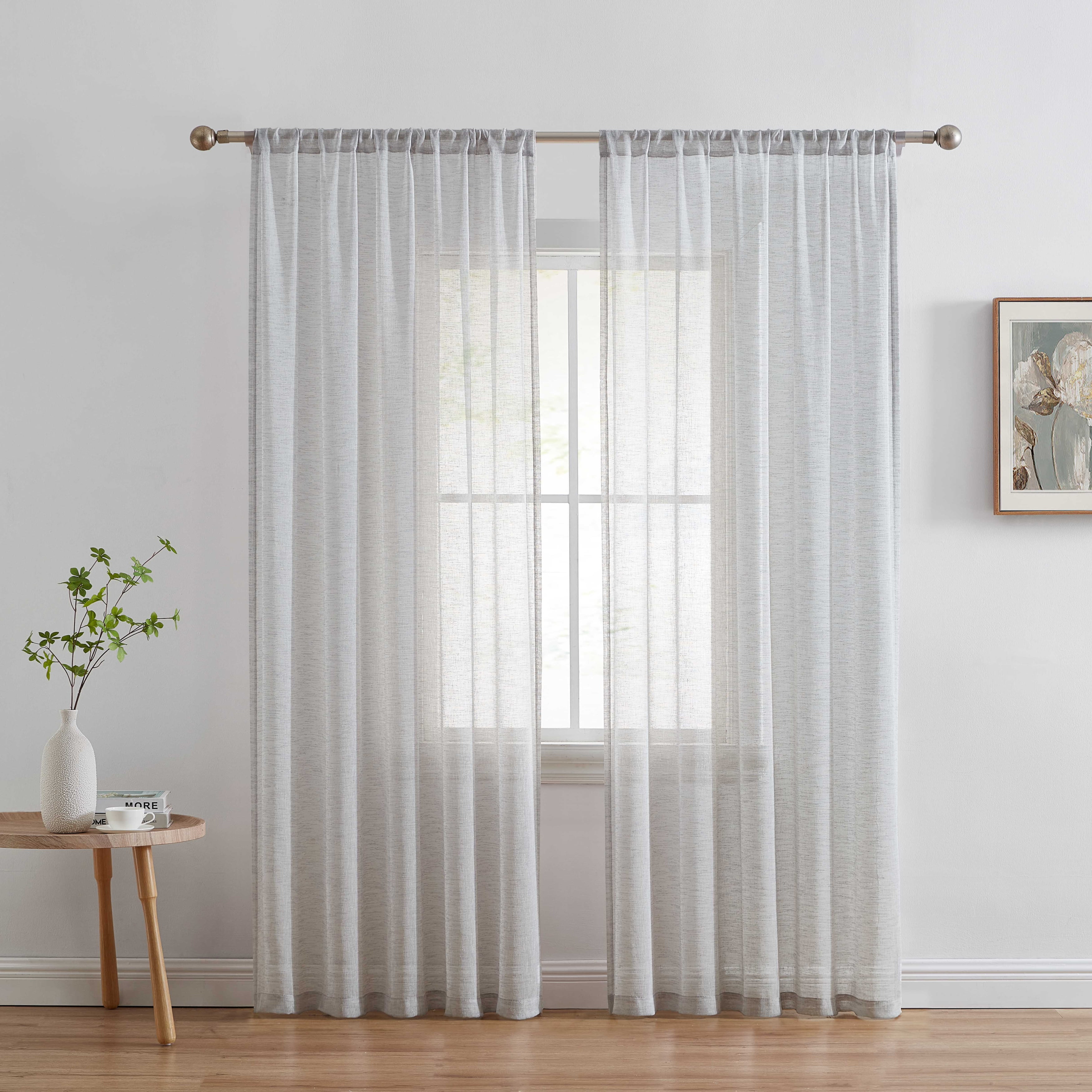 Light Grey Faux Linen Sheer Rod Pocket Curtain Panels