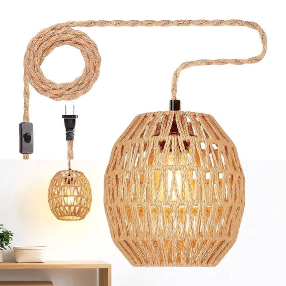THDFTDT Rattan Pendant Light, Natural, Plug in, with Cord and Switch