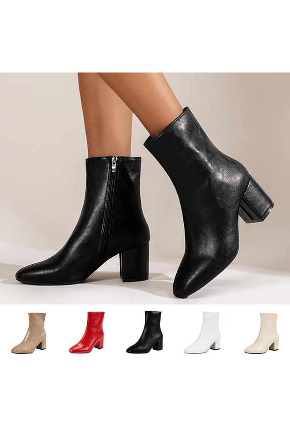 Ankle Boots for Women,Womens Shoes,Women's Fashion Casual Fashion British Style Ankle Boots Solid Color Pointed Side Zipper Chunky Heel High Heel Ankle Boots Red