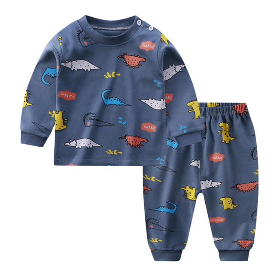 THDHVS Baby Girl Outfits Fashion Girls and Boys' Casual Long Sleeve Tops Round Neck Collar Botton Printed Long Pants Sets Navy 3 Years