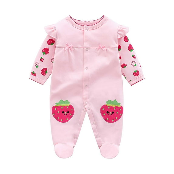 THDHVS Baby Girl Outfits,Newborn Girl Clothes,Girls Scratch-Free Tag Footie Strawberry Print Sleeper Newborn Clothes Jumpsuit Pink 12-18 Months
