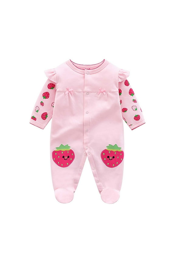 Baby Girl Outfits,Newborn Girl Clothes,Girls Scratch-Free Tag Footie Strawberry Print Sleeper Newborn Clothes Jumpsuit Pink 12-18 Months
