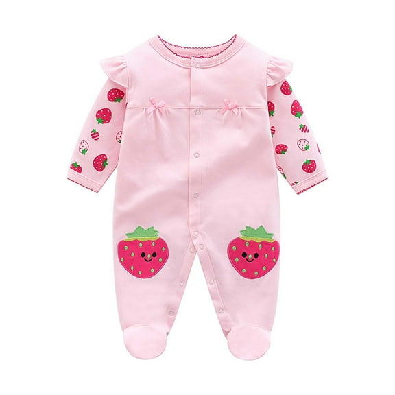 THDHVS Baby Girl Outfits,Newborn Girl Clothes,Girls Scratch-Free Tag Footie Strawberry Print Sleeper Newborn Clothes Jumpsuit Pink 9-12 Months