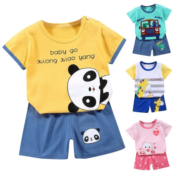 THDHVS Baby Girl Outfits Toddler Kids Cute Print Short Sleeve Crew Neck Tops and Shorts 2PC Spring Summer Clothes