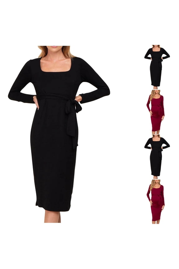 Baby Shower Dress,Maternity Dress for Photoshoot,Women's Long Sleeve Square Neck Maternity Nursing Dresses Long Dress for Breastfeeding Black M
