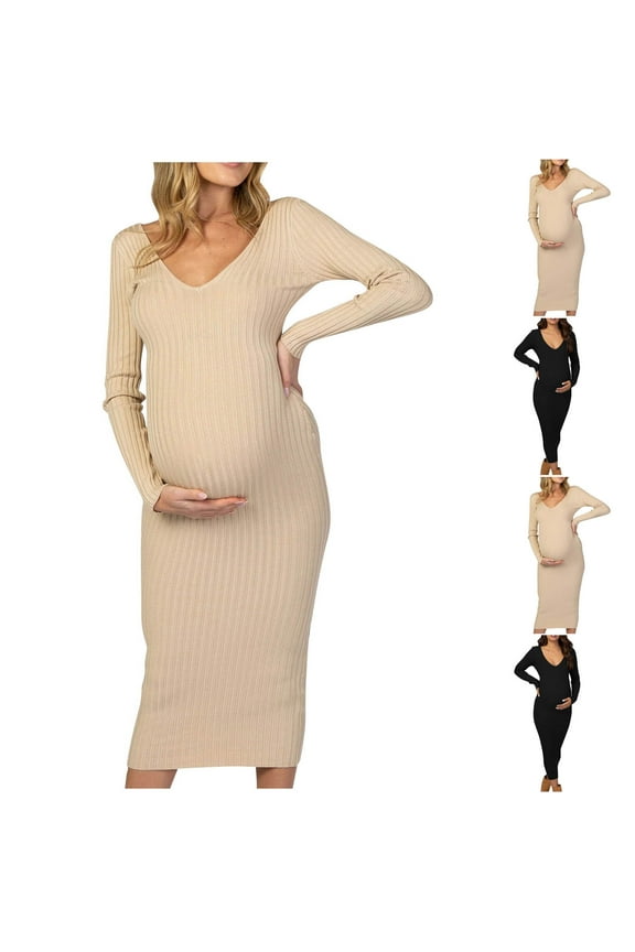 Baby Shower Dress,Maternity Dress for Photoshoot,Women's Long Sleeve Square Neck Maternity Nursing Dresses Long Dress for Breastfeeding Black S