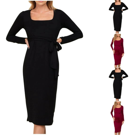 THDHVS Baby Shower Dress,Maternity Dress for Photoshoot,Women's Long Sleeve Square Neck Maternity Nursing Dresses Long Dress for Breastfeeding Wine 2XL