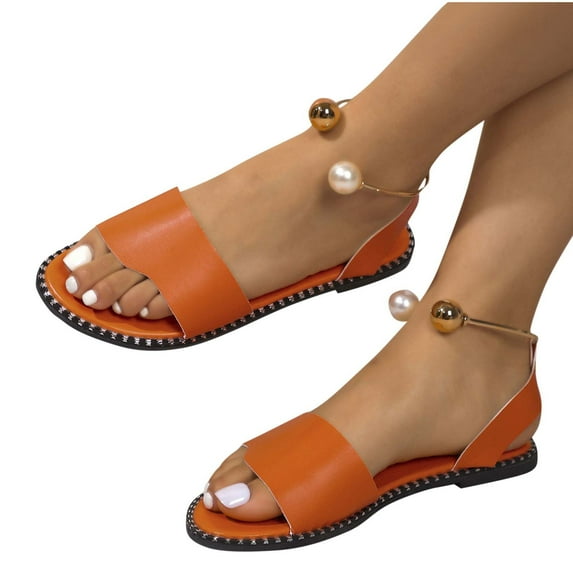 THDHVS Beach Sandals,Sandals for Women 2025,Flat Sandals Open Toes One Summer Dressy Sandals Orange 6.5