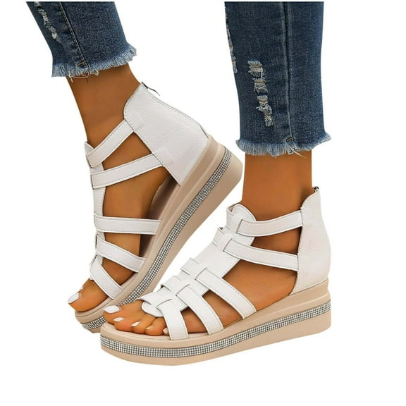 THDHVS Wedge Sandals for Women,Womens Wedge Sandals,Women's Fashion Casual Roman Style Spring and Summer Thick-Soled Wedge Sandals White 9