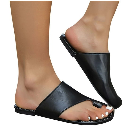 THDHVS Wide Sandals for Women,Womens Sandals,Women's Fashion Casual Toe Solid Color Spring and Summer Flat Sandals Black 9.5