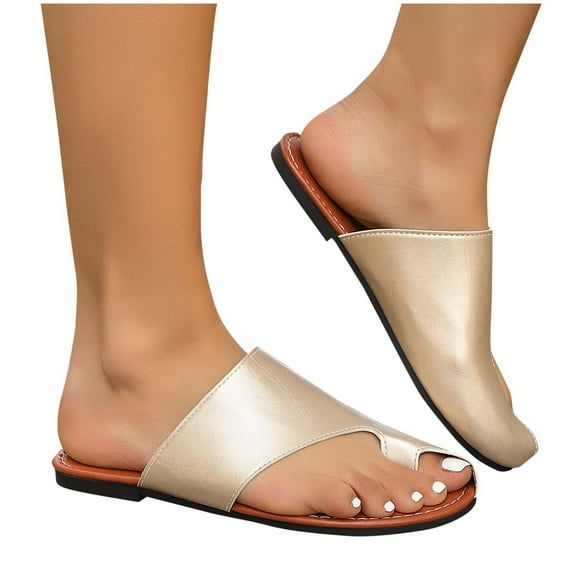 THDHVS Wide Sandals for Women,Women's Fashion Casual Toe Solid Color Spring and Summer Flat Sandals Gold