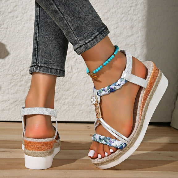 THDHVS Wedge Sandals for Women,Women's Sandals,Womens Sandals Arch Support Summer Beach Sandals Comfortable Walking Shoes Bohemian Flip Flops Sandals for Women Light Blue 9.5