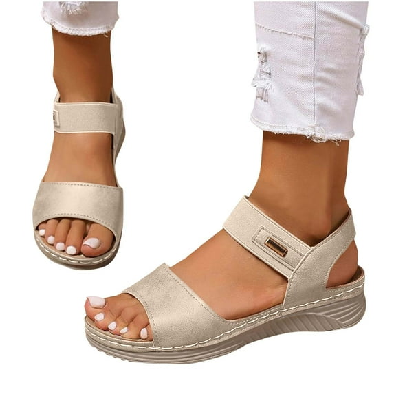 THDHVS Flat Sandals for Women,Sandals Women,Fashion Casual Retro One-Strap Spring and Summer Breathable and Comfortable Flat Sandals Beige 7