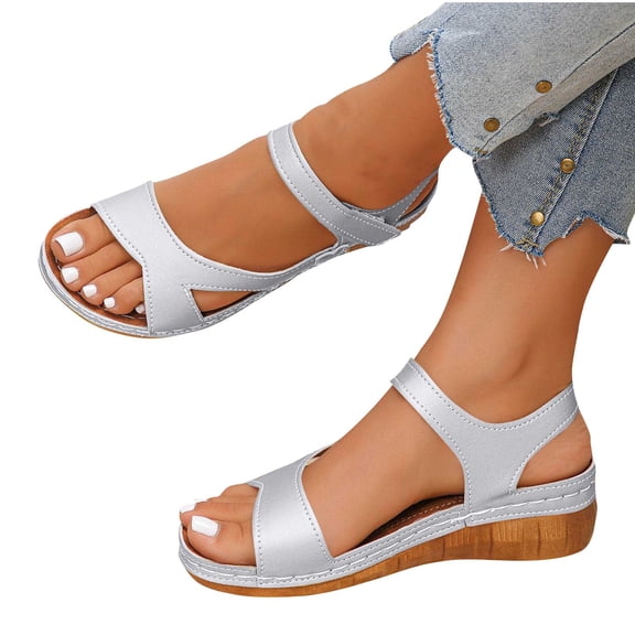 THDHVS Wedge Sandals for Women,Women's Sandals,Flat Sandals Open Toe Elastic Ankle Strap Slip on Comfy Low Wedge Sandals Silver 6.5