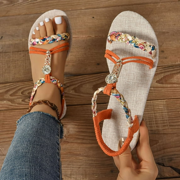 THDHVS Women's Sandals,Flat Sandals for Women,Elastic Ankle Strap Dress Flat Shoes Casual Slip Open Toe Bling Bohemian Beach Sandals Orange 5.5