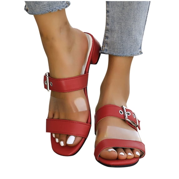 THDHVS Beach Sandals for Woman, Women's Fashion Casual Summer Beach Fish Mouth Thick Heel Low Heel Sandals Red