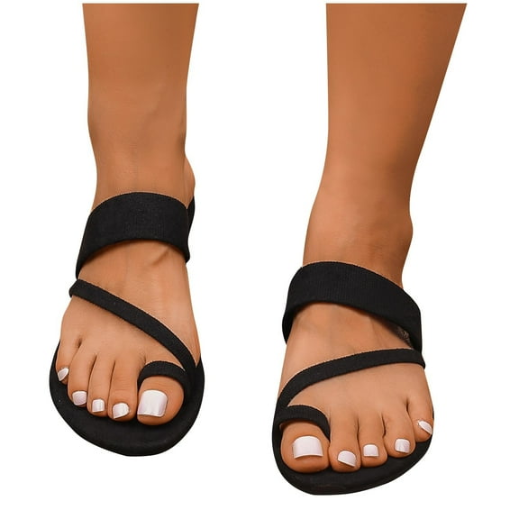 THDHVS Beach Sandals for Woman,Women Sandals,Women's Slide Sandals Flat Toe Ring Thongs with Strap for Summer Black 6