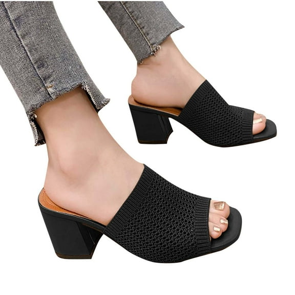 THDHVS Black Dress Shoes for Women,Sandals Women,Women's Fashion Casual One-Line Spring and Summer Breathable Flying Woven High-Heeled Slippers Black 6.5