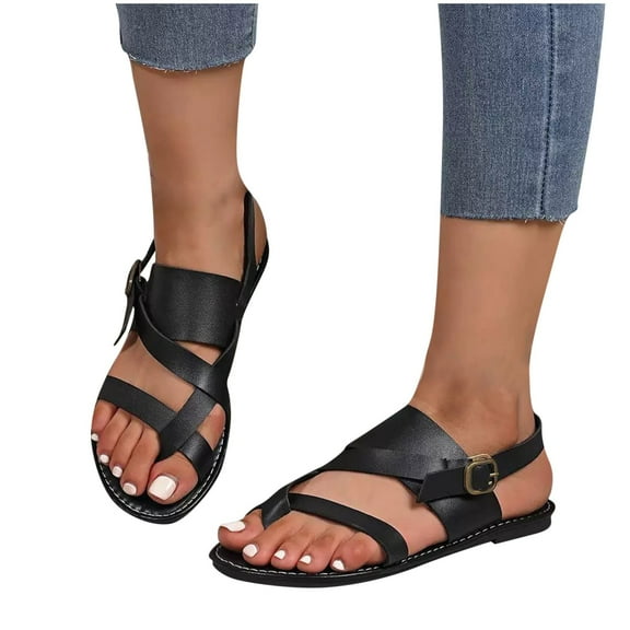 THDHVS Beach Sandals for Woman,Womens Sandals,Casual Summer and Fashion Style Solid Color Versatile Toe Buckle Strap Beach Roman Sandals Black 6.5