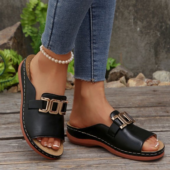 THDHVS Wedge Sandals for Women,Sandals Women,Women's Fashion Casual Summer Buckle Wedge Heel Open Toe Metal Buckle Fish Mouth Beach Sandals Black 5.5