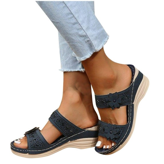THDHVS Womens Wedge Sandals,Comfortable Sandals for Women,Women's Fashion Casual Spring Style Flower Beach Breathable Open-Toe Wedge Sandals Navy 6.5