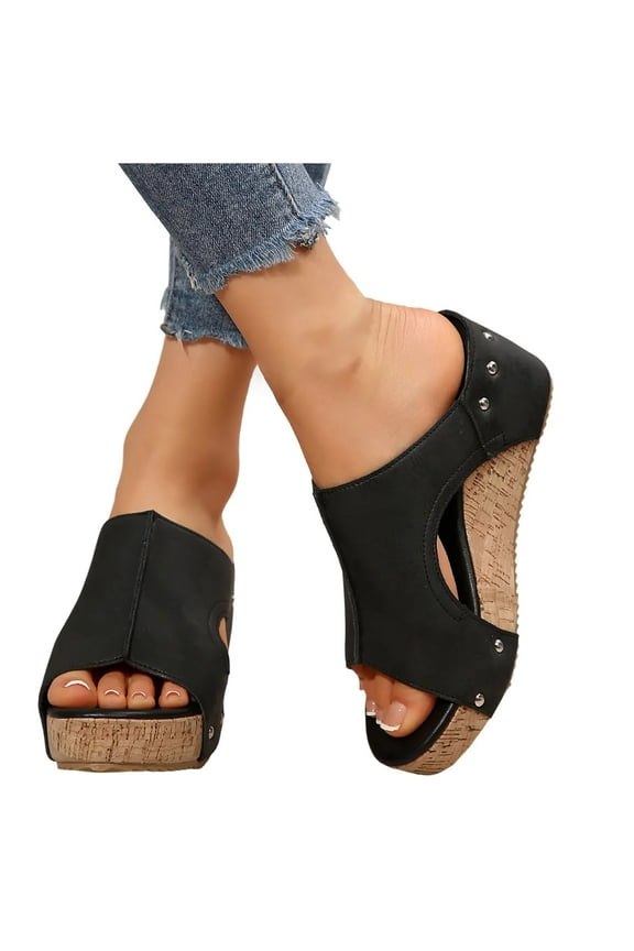 Black Sandals Women,Sandals for Women 2025,Womens Wedge Sandals Leather Dressy Sandals Rubber Sole Comfortable Walking Casual Slip on Summer Shoes Black 7