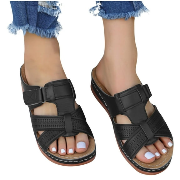 THDHVS Womens Wedge Sandals,Wedge Sandals for Women,Fashion Flat Womens Sandals with Foam Insole Slides Sandals Women Footwear Black 5