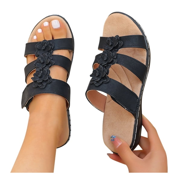 THDHVS Black Sandals Women,Sandals for Women 2025,Footbed Sandals with Arch Support Comfortable Slip-On Slide Sandals for Summer Black 5.5